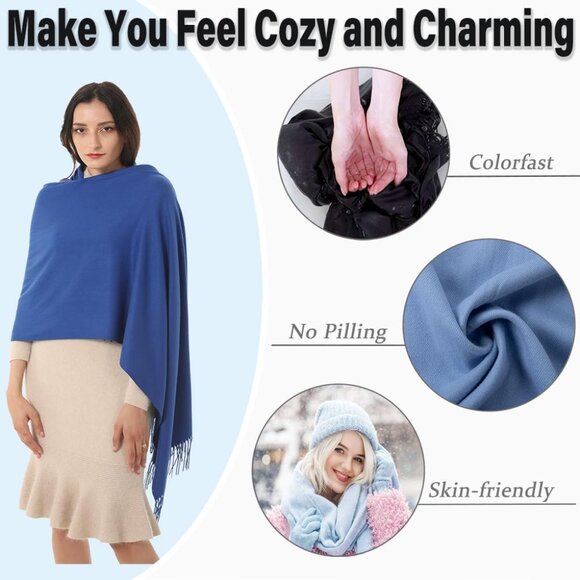 🆕 Women Blue Scarf Pashmina Shawl Evening Dress Wedding Winter Warm Large Wrap - Picture 3 of 7